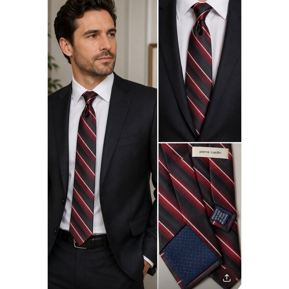 Pierre Cardin Mens Silk Necktie Red Black Grey Striped Classic Formal Tie